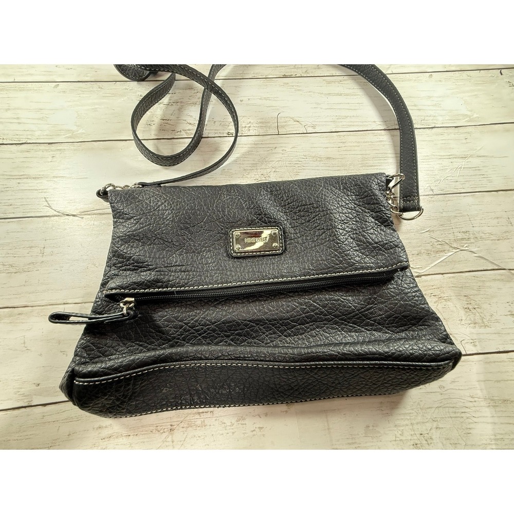 Nine West Black Pebbled Faux Leather Foldover Crossbody Bag Silver Hardware